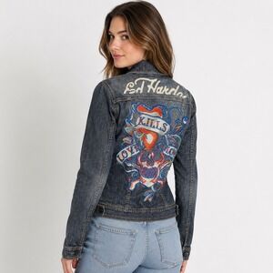 Ed Hardy Denim Jacket S Dark Wash  Rhinestone Tattoo Graphic Y2K Cyber McBling